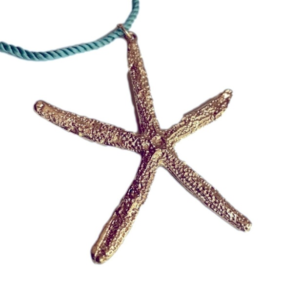 Jewelry - NECKLACE, Gold tone metal starfish on teal cord.